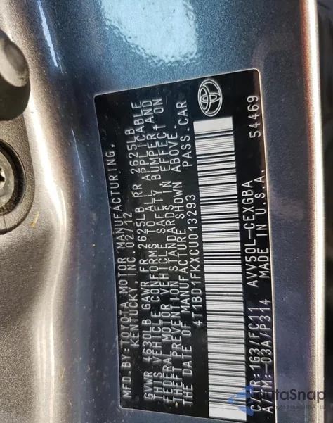 2012 Toyota Camry Hybrid z USA, uszkodzony, nr VIN 4T1BD1FKXCU013293